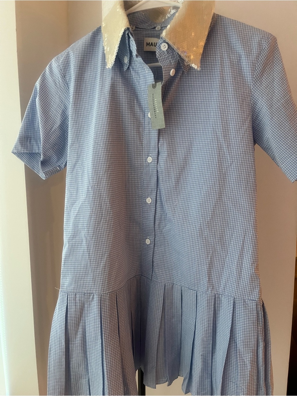 Anthropologie Blue Gingham Dress with Cream Sequin Collar